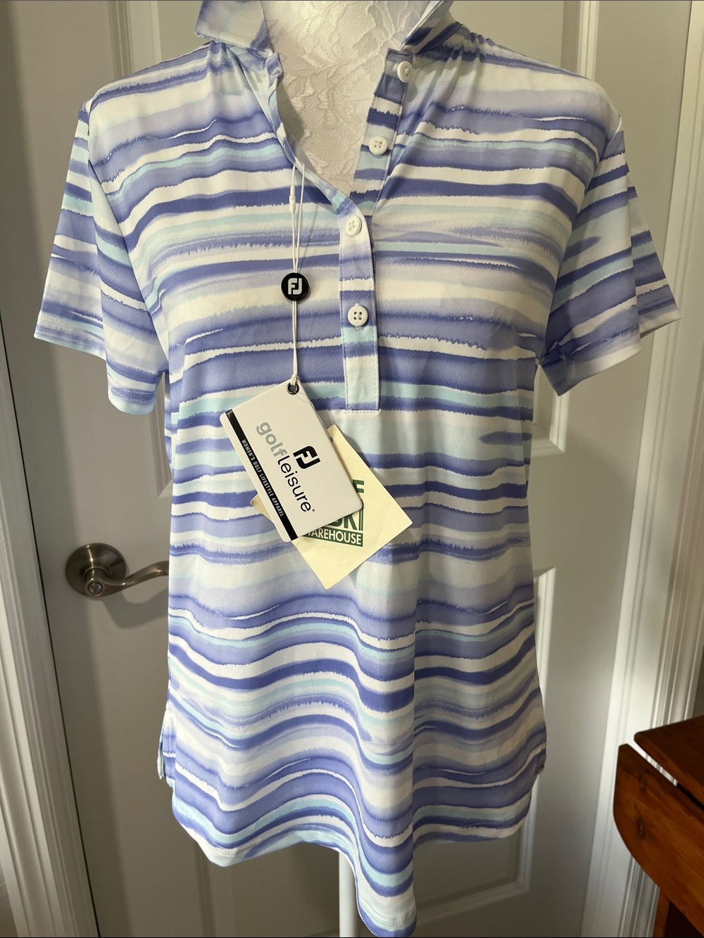 FootJoy Women's Short-Sleeve Polo in Violet and White Watercolor Stripes NWT